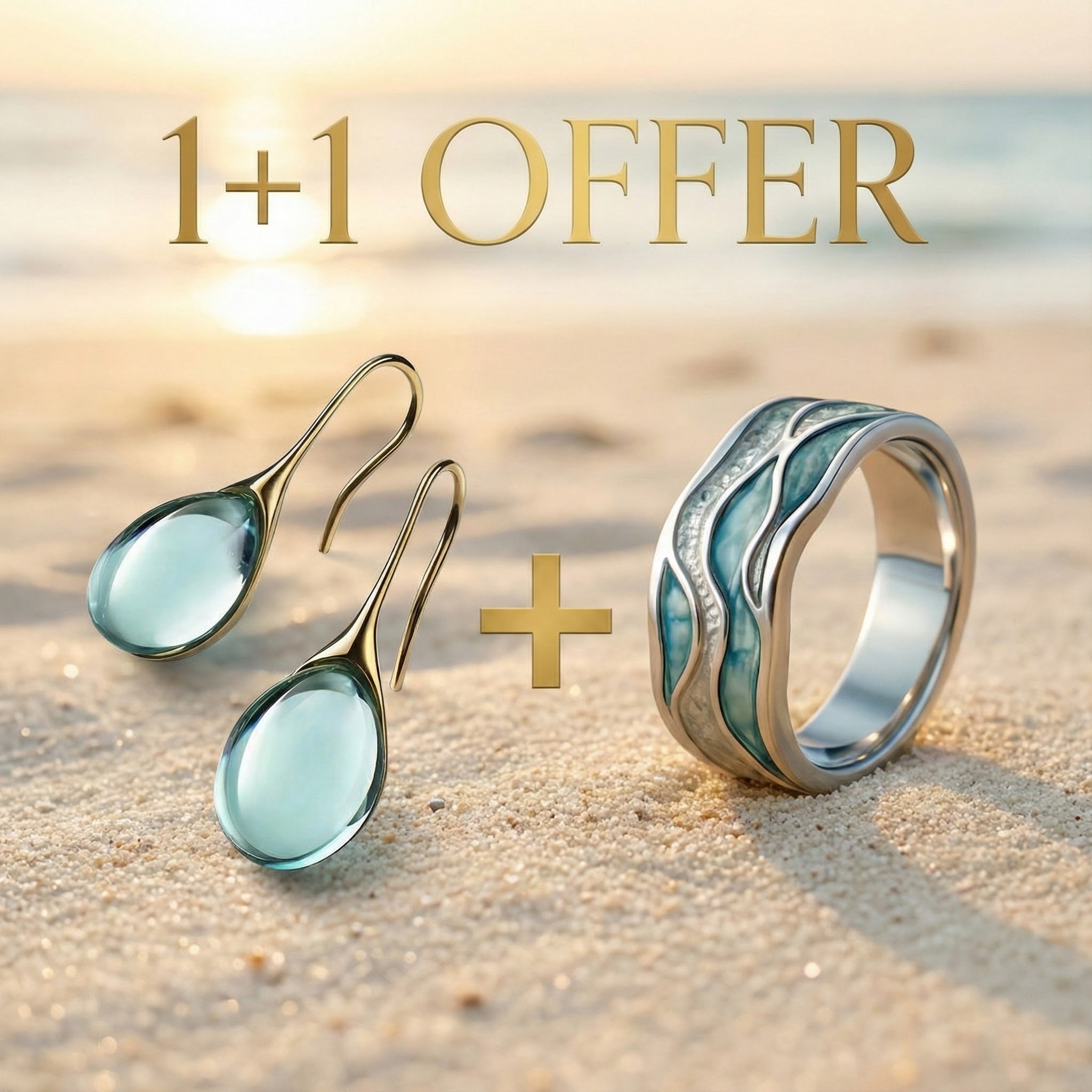 1+1 Tilbud: Aurora Ocean Beach Wave Ring + Krystal dråbeøreringe i guld og sølv