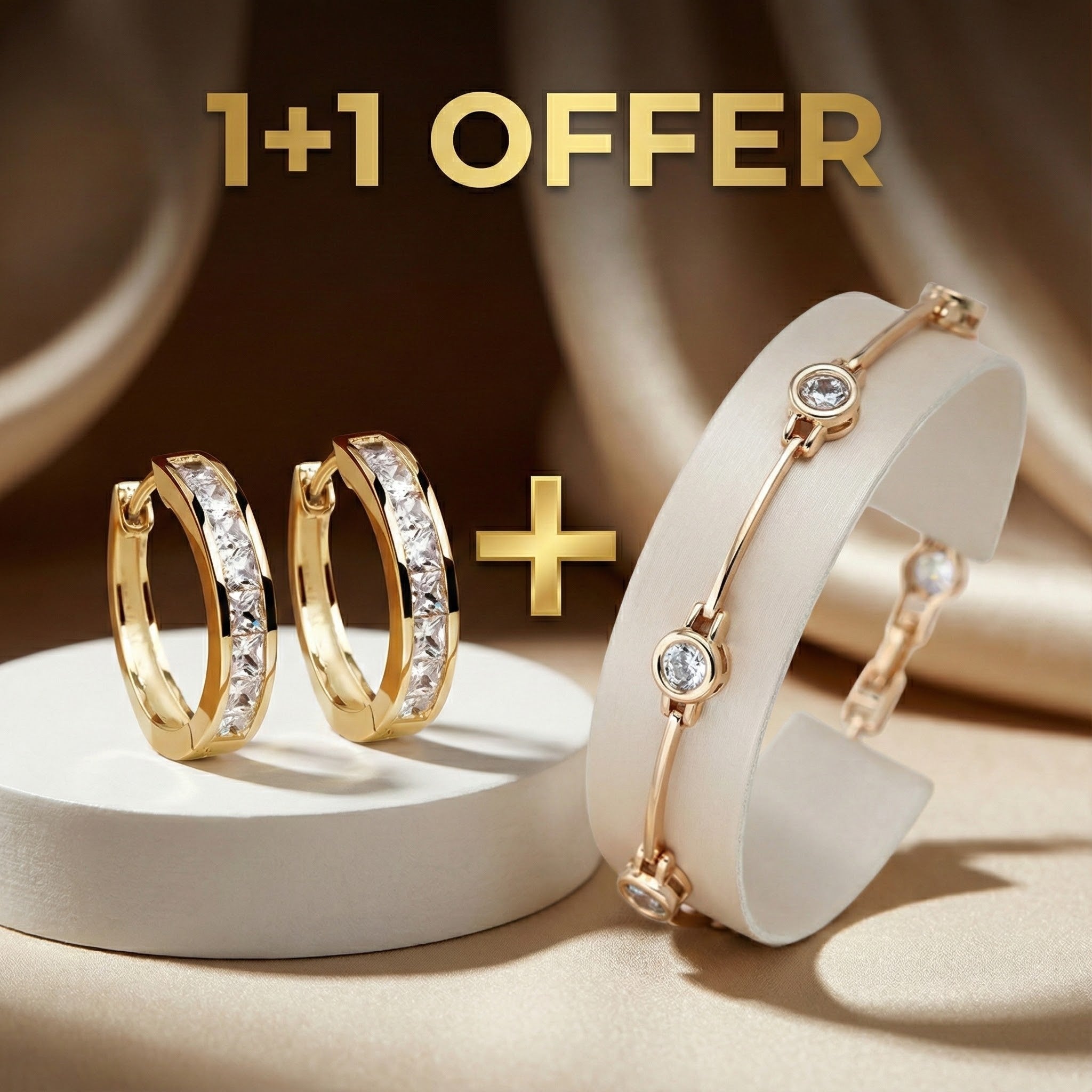 1+1 Tilbud: Elegant Guld- og Krystaløreringe + Elegant armbånd med zirkonier i guld