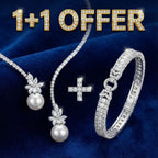 1+1 Tilbud: Elegant skinnende halskæde med perler lavet af sølv + Emerald Cut Hvid Safir Armbånd