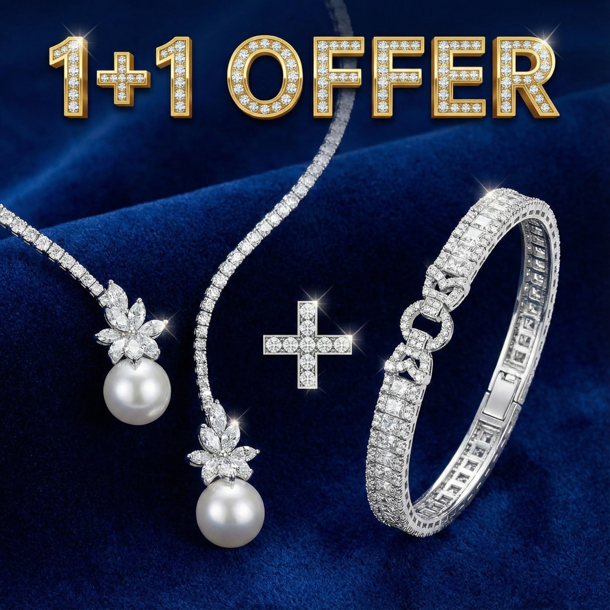 1+1 Tilbud: Elegant skinnende halskæde med perler lavet af sølv + Emerald Cut Hvid Safir Armbånd
