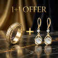 1+1 Tilbud: Vintage guld ring med naturligt mønster + Vintage hvid opal hængende gyldne øreringe