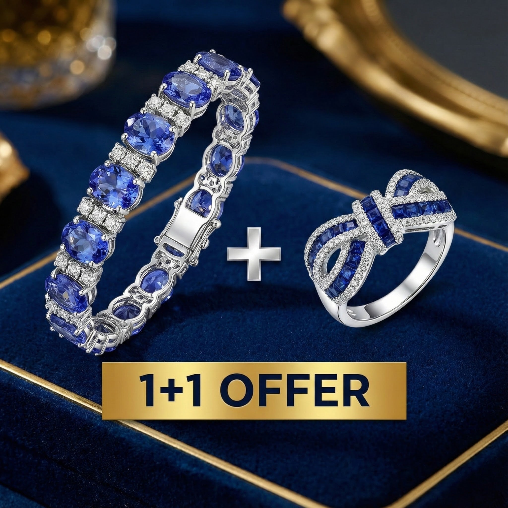 1+1 Tilbud: Oval & Rund Skåret Blå Tanzanit Armbånd + Knude Rund Skåret Blå Safir Vielsesring