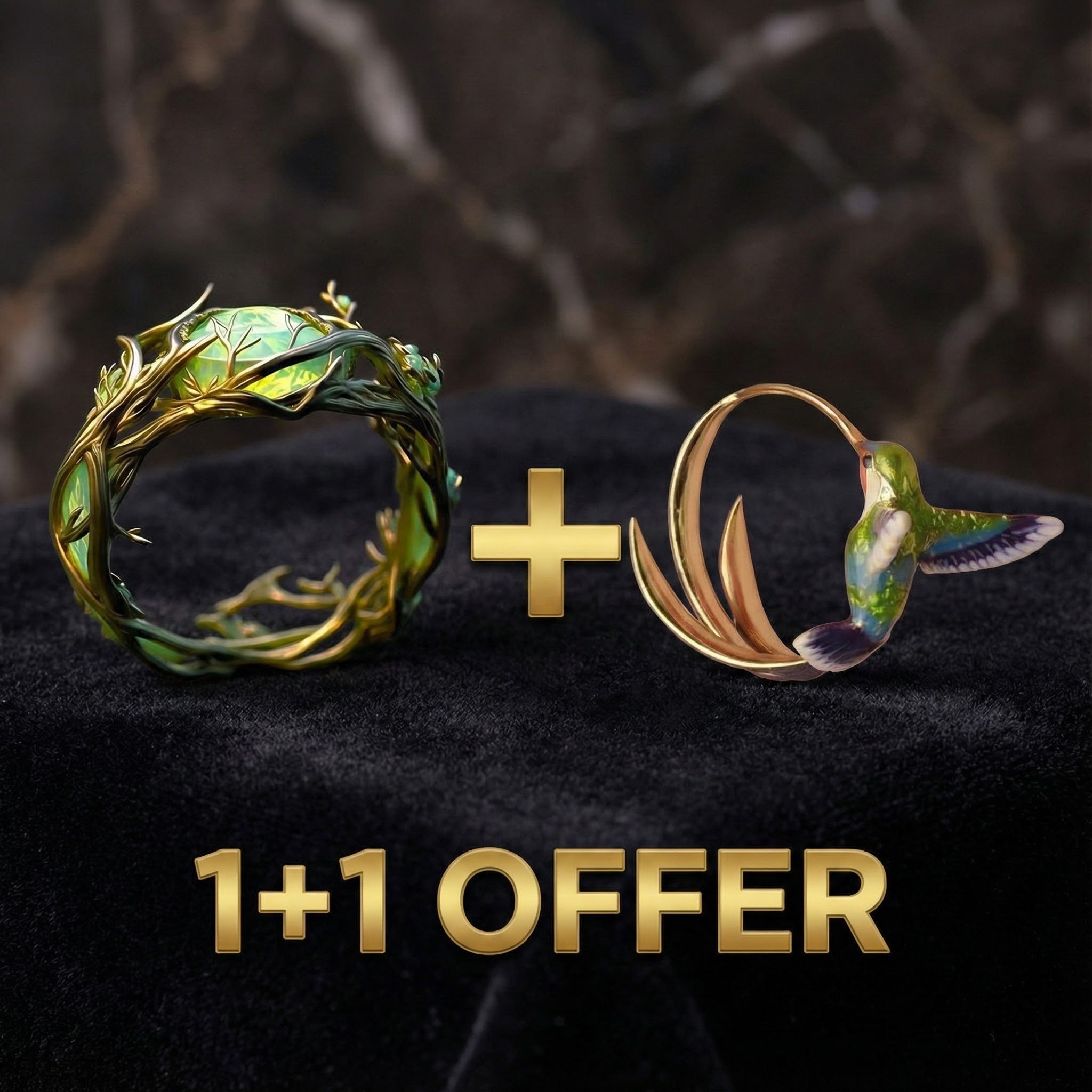 1+1 Tilbud: Vintage Emalje Kolibri Øreringe + Grøn Opal Naturlig Ring