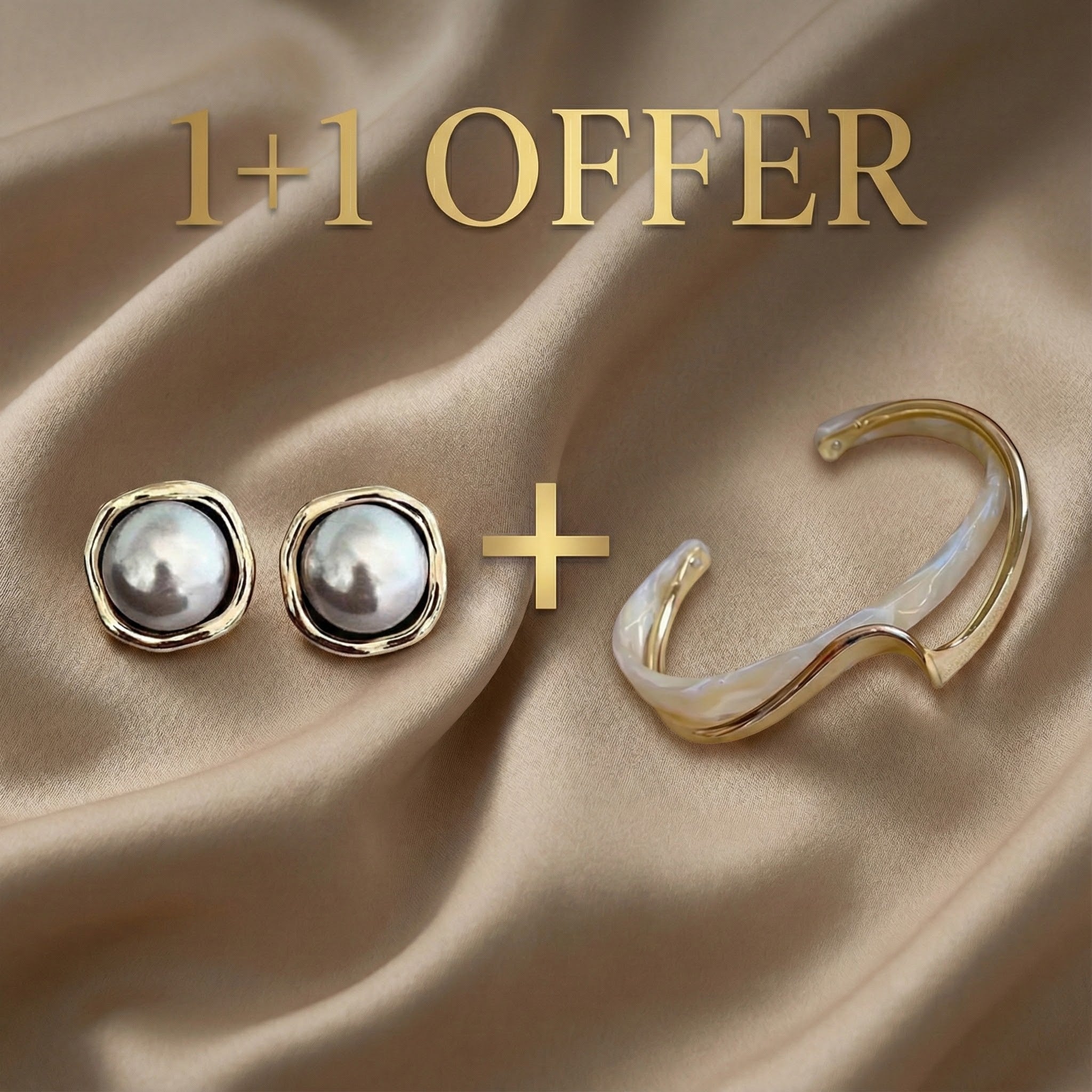 1+1 Tilbud: Hvid opal elegant gylden armbånd + Elegante sorte perle øreringe