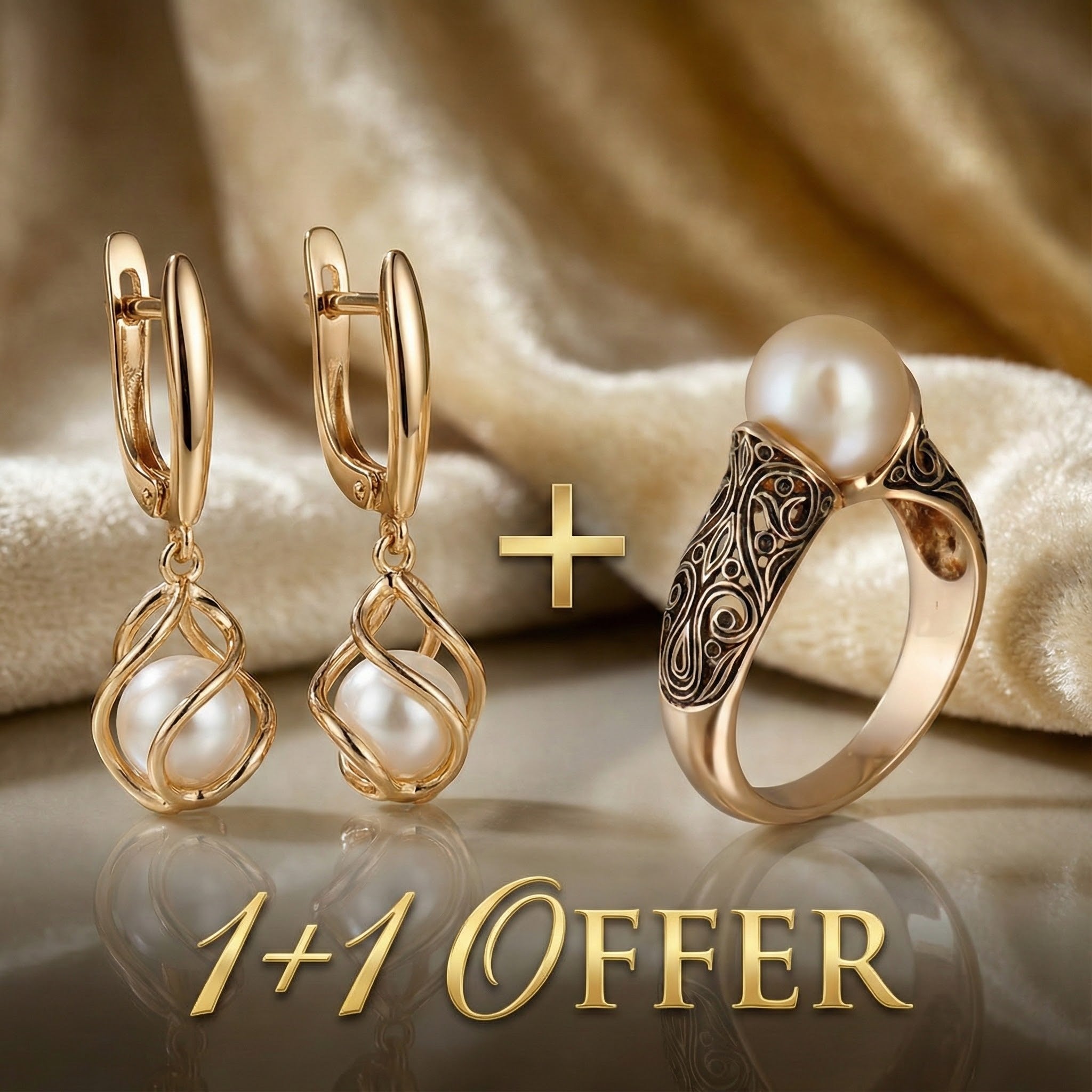1+1 Tilbud: Elegant Guld Perleøreringe + Vintage guld ring med en fancy perle