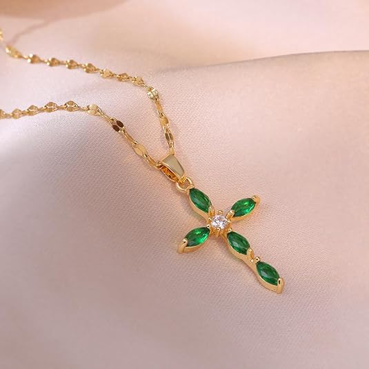 Guld Smaragd Marquise Kors Halskæde