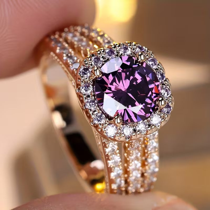 Guld Amethyst Halo Ring