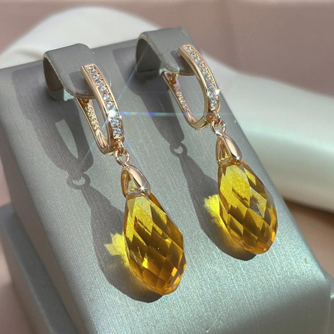 Gule Krystal Dråbeøreringe i Guld