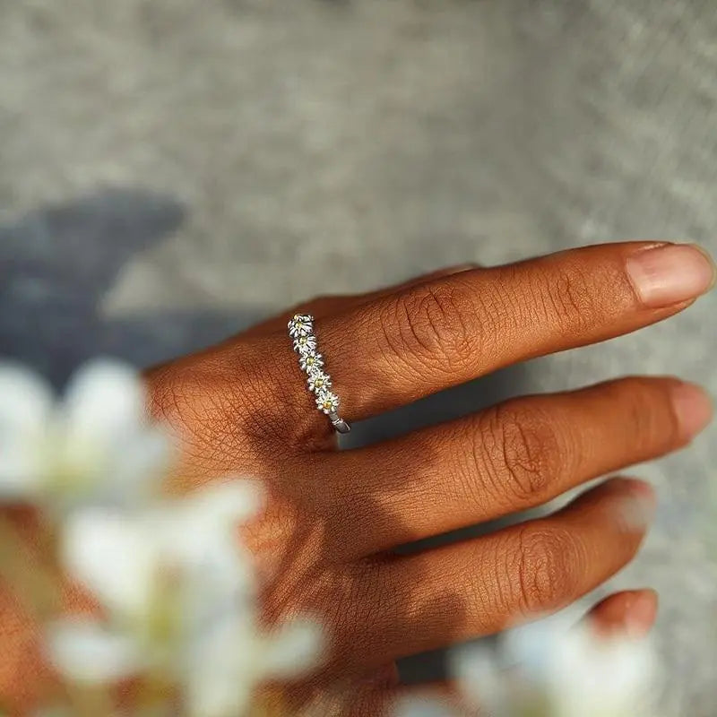 Justerbar Sølv og Håndmalet Emalje Margueritring