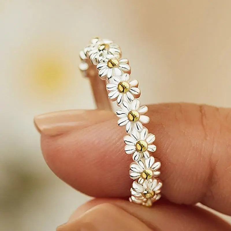 Justerbar Sølv og Håndmalet Emalje Margueritring