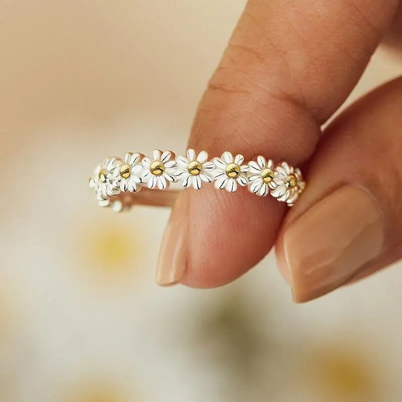 Justerbar Sølv og Håndmalet Emalje Margueritring