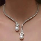 1+1 Tilbud: Elegant skinnende halskæde med perler lavet af sølv + Emerald Cut Hvid Safir Armbånd