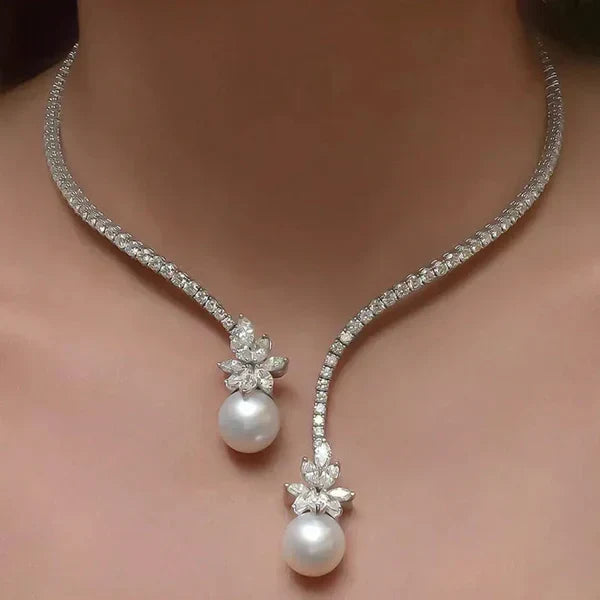 1+1 Tilbud: Elegant skinnende halskæde med perler lavet af sølv + Emerald Cut Hvid Safir Armbånd