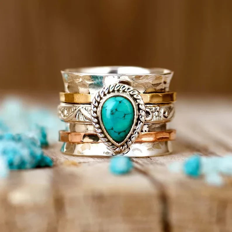 Vintage Turkis Indlagt Sten Guld & Sølv Ring