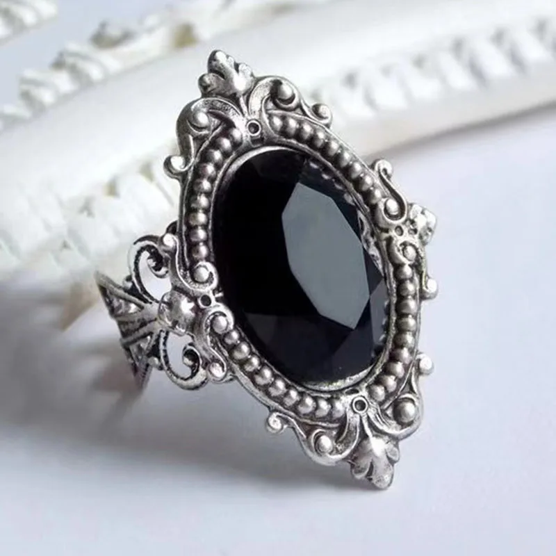 Boho Sort Sten Ring i Sølv