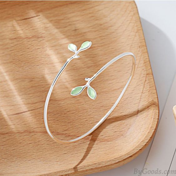 Åben Ring Grøn Blad Armbånd