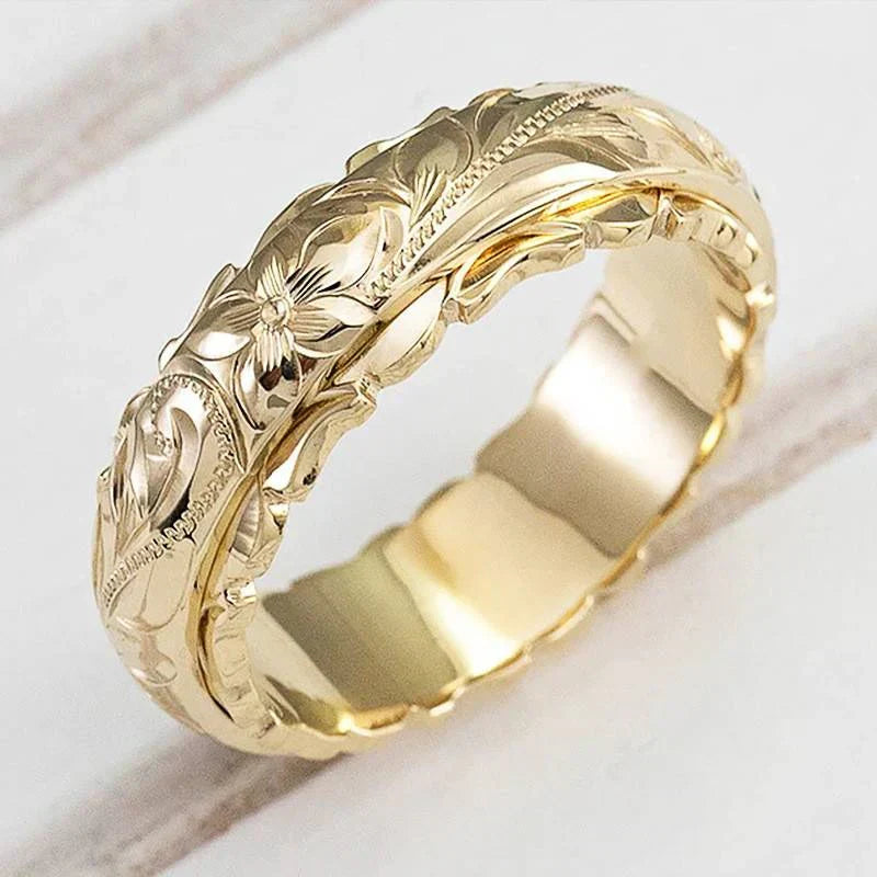 1+1 Tilbud: Vintage guld ring med naturligt mønster + Vintage hvid opal hængende gyldne øreringe