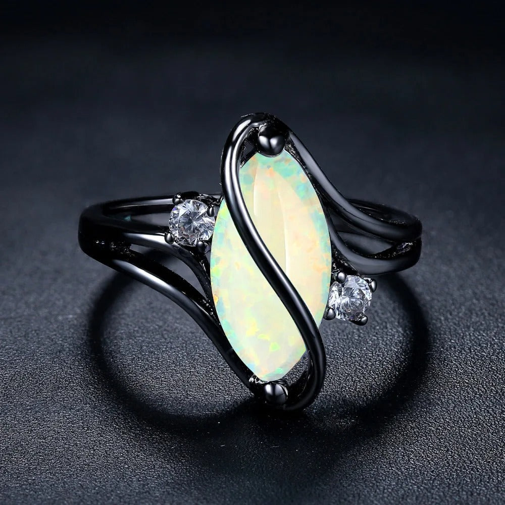 Vintage Sort Sølv Opal & Krystal Accent Ring