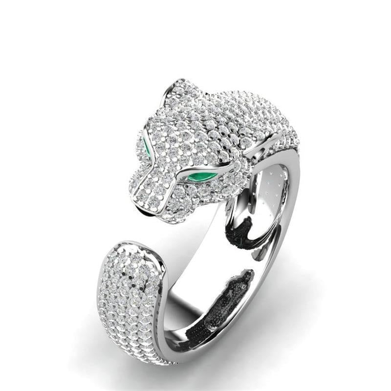 Justerbar Jaguar Ring lavet af 18K Sølv og 18K Roséguld med Grøn Zirconia Øjne